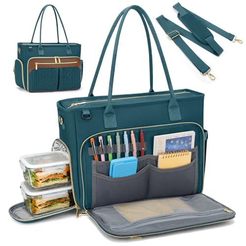 RAINSMORE Teacher Tote Bag for Women 15.6 Inch Laptop Bag for Women with Insulated Lunch Compartment for Office College - color: Darkgreen