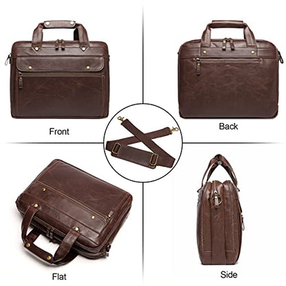 Bosidu Leather Briefcases for Men 15.6 Inch Laptop Messenger Bag with Triple Compartments Water-Resistant Computer Shoulder Bag for Business, Travel, Work, Office, Brown - color: Brown