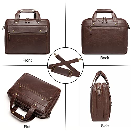 Leather Briefcases for Men 15.6 Inch Laptop Messenger Bag with Triple Compartments Water-Resistant Computer Shoulder Bag for Business, Travel, Work, Office, Brown - color: Brown
