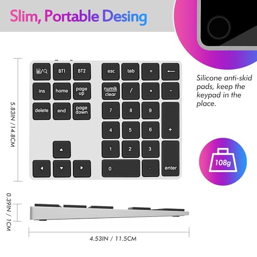 Foloda Bluetooth Number Keypad, Wireless 10 Keys Number Pad for Laptop, 34 Keys Rechargeable Numeric Numpad Key Pad Extensions Keyboard for Chromebook Notebook MacBook - color: Silver Grey