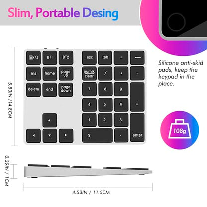 Foloda Bluetooth Number Keypad, Wireless 10 Keys Number Pad for Laptop, 34 Keys Rechargeable Numeric Numpad Key Pad Extensions Keyboard for Chromebook Notebook MacBook - color: Silver Grey