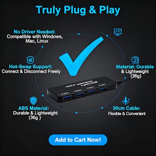 4-Port USB 2.0 Hub, Micro USB OTG Expander with HS8836AB Chip, 480Mbps Data Speed, Bus-Powered with Over-Current Protection, Plug and Play for Raspberry Pi, Older Android Tablets, PC & More - style: 4 USB Ports