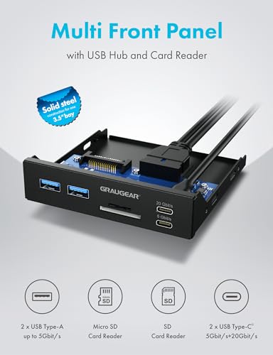 GRAUGEAR 3.5 Inch Front Panel USB C Hub, SD/microSD Internal Card Reader, 20Gbps USB 3.2 Gen 2x2, USB3.2 Type-E Key-A 20-Pin Header & USB3.0 Header & 15-Pin SATA Power Connection Required [G-MP01CR] - style: 6 Port