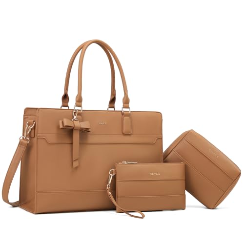 Keyli 3pcs Laptop Bag for Women 15.6 Inch Leather Work Tote Bags Professional Business Office Computer Shoulder Briefcase - color: 3pcs-brown