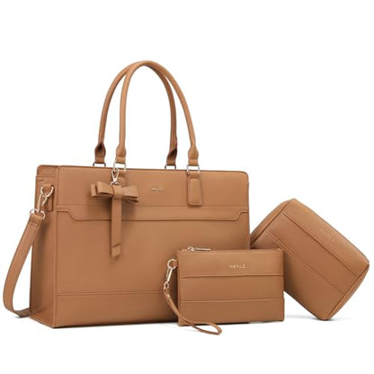 Keyli 3pcs Laptop Bag for Women 15.6 Inch Leather Work Tote Bags Professional Business Office Computer Shoulder Briefcase - color: 3pcs-brown