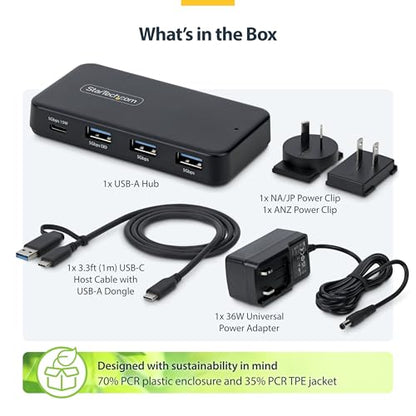 StarTech 4-Port USB-C & USB-A Hub, 5Gbps, 36W, NA (311NA-USB-HUB) | 1x USB-C, 3x USB-A with 1x BC 1.2, Self-powered 36W adapter, 15W USB-C PD plus 7.5W BC 1.2 charging, MacBook Windows