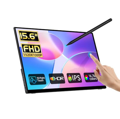 Portable Monitor Touchscreen 15.6" with Stylus Pen, Travel Monitor FHD IPS 10-Point Touch Screen, Protective Sleeve, Built-in Stand, HDMI USB C External Screen for Mac, Laptop, PC