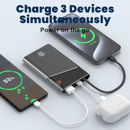 Aaoyun 10000mAh Portable Power Bank, 22.5W PD Fast Charging Battery Pack with Built-in USB-C Cable, Ultra-Slim External Phone Charger for iPhone 17/16/15, Samsung Galaxy S24, Android (Grey) - color: Grey-10000mah