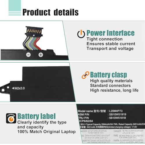 54.7Wh L20M4P73 L20C4P73 Laptop Battery Replacement for Lenovo ThinkPad X13 Gen2 (2021) X13 Gen3 (2022) Series L20L4P73 L20D4P73 5B10W51818 5B10W51853 15.36V 3564mAh - size: 11.06*3.94*0.21inch L20M4P73
