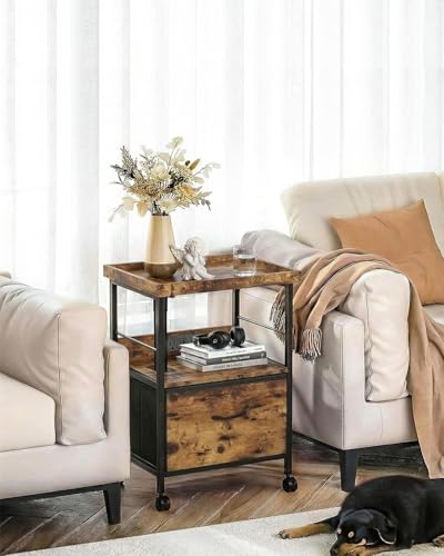 Faesun Swivel Lift Top Nightstand with Charging Station, Rolling Night Stand with Fabric Drawer, Adjustable Bedside Table for Bedroom, Living Room, Brown, Pro - color: 03 - Brown, size: 1 Drawer (Tray Top)