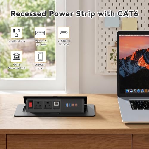 Kungfuking Conference Table Power Outlets with 2 USB C PD 30W, CAT6 Port | Recessed Table Power Outlets with Switch, CAT6 Cable, 2 USB-C & 2 USB-A Ports, Metal Housing, Pop-Up Design - color: 1PCS 6FT Black