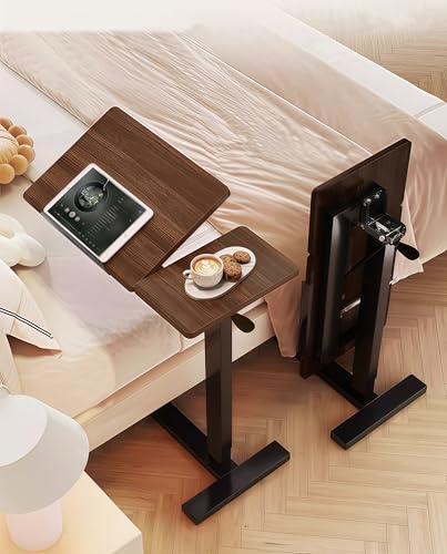 Upgraded Overbed Bedside Desk with Hidden Wheels, Height Adjustable Rolling Laptop Stand with Extended Front Stopper, Tilting Over Bed Table for Bed Sofa, Walnut - color: Walnut, style: Upgraded