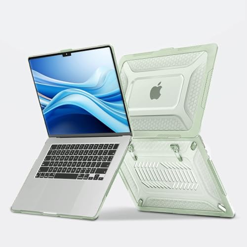 MOSISO Compatible with MacBook Air 15 inch Case M5 M4 M3 M2, Sage Green | 2 in 1 Kit Honeycomb Shockproof Heavy Duty TPU Bumper Hard Case with Fold Kickstand for A3241 A3114 A2941 2026-2023 - color: Sage Green