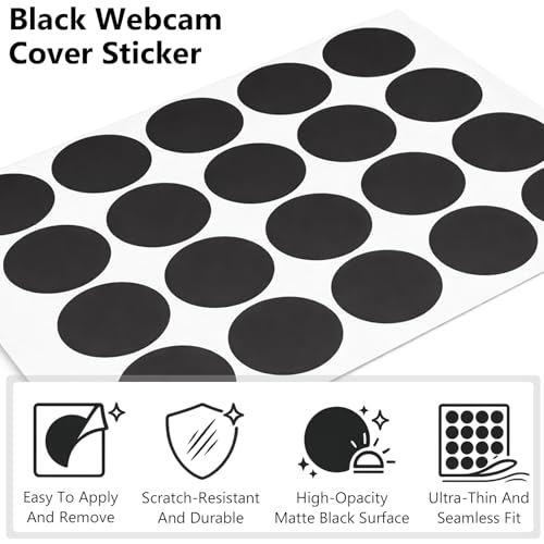Stackable Vinyl Webcam Privacy Stickers, 12 Sheets Low-Tack Restickable Camera Covers in 3 Sizes, Black Webcam Blocker Set ﻿