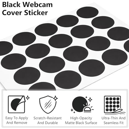 Stackable Vinyl Webcam Privacy Stickers, 12 Sheets Low-Tack Restickable Camera Covers in 3 Sizes, Black Webcam Blocker Set ﻿