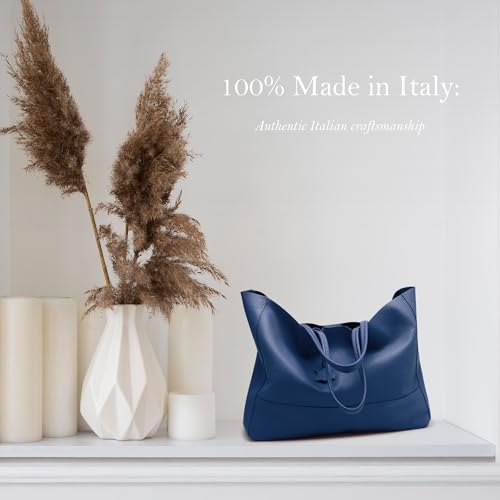 Italian Leather Tote Bag for Women - Large Shoulder Shopper, Fits 16” Laptop, Keychain Holder, Made in Italy - color: Navy Blue