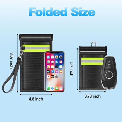 2 Pack Faraday Bags,Portable Faraday Key Fob Protector EMP Protection Bags,Faraday Bags for Phones,Faraday Pouch for Key Fob with Reflective Strip,Water Resistant,Fire Retardant,Foldable,Black - size: 2 Pack XS-S(Up to Phone)