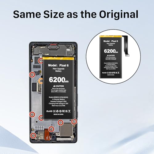 6200mAh Battery for Google Pixel 6, Higher Capacity New 0 Cycle Battery Compatible with HTC Google Pixel 6 Model GB7N6, G9S9B16 with Repair Tool Kits and Adhesive/Waterproof Adhesive