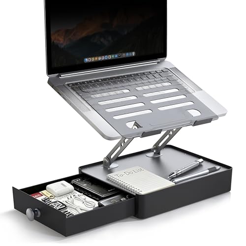 Laptop Stand with Storage Drawer, Heavy-Duty Metal Laptop Riser for Desk, Ergonomic Height & Angle Adjustment for 10–16.2″ Laptops, Gray - color: Gray