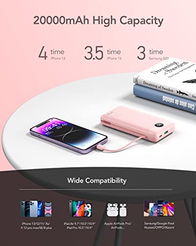VRURC Portable Charger 20000mAh, Fast Charging Power Bank USB C,4 Output 2 Input Travel Essentials Charging Bank Equipped with LED Display,Built-in Wall Plug and Cables,Phone Charger Battery,Pink - color: Pink