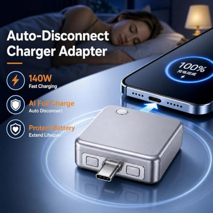 140W Smart Auto Stop Charging Adapter AI Auto Power Off Fast Charging Adapter Physical Disconnect Battery Guard Anti-Overcharge Safety Bridge for USB C Cable Phone Laptop