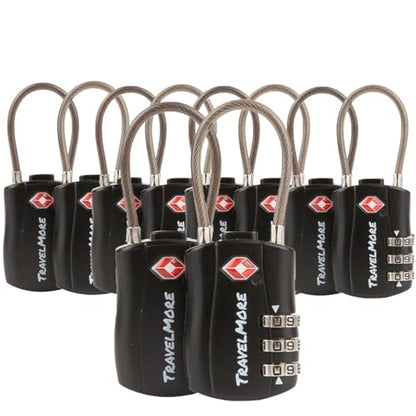 TravelMore 10 Pack TSA Approved Travel Combination Cable Luggage Locks for Suitcases - Orange (10 Pack, Black) - color: Black