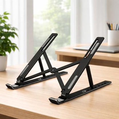 Portable Foldable Laptop Stand for Travel, Adjustable ABS Laptop Stand with Silicone Pads for 10–15.6 Inch Laptops (Black)