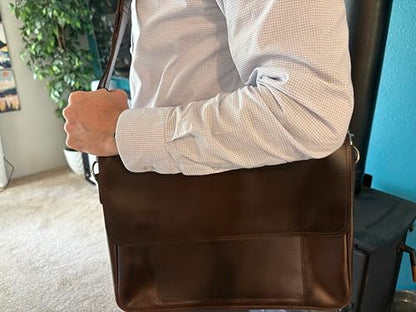 Full Grain Leather Briefcase for Men, Handcrafted Laptop Bag with Multiple Compartments,Fits 15.6 Inch Laptop - color: Dark Brown