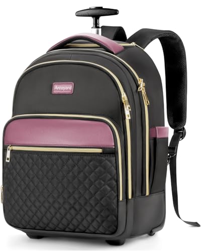 Arcoyard Small Rolling Backpack for Women with Wheels, Roller Laptop Travel Backpack, Lightweight Water Resistant Wheeled Underseat Carry On Luggage for Work and College, Black Purple - color: Black Purple, size: 15-inch