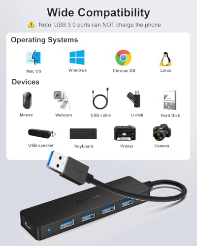 Aceele 4-Port USB 3.0 Hub, Ultra-Slim USB Hub with USB-C Powered Port[Charging/Monitor Not Supported], USB Port for MacBook, Mac Pro, iMac, Mac mini, XPS, PC, Laptop, Flash Drive, Mobile HDD (15cm) - style: 0.5ft (4A)