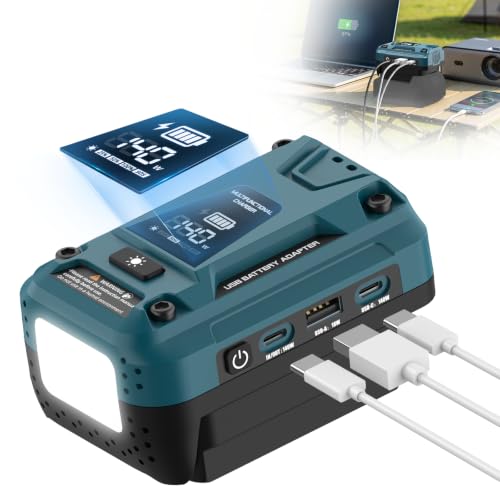 140W USB Battery Charger Compatible with Bosch 18V Battery | Type-C Input & Output Fast Charging, 18W USB-A, Portable Phone Charger with 700LM LED Work Light, LED Screen Display - color: Dark Blue