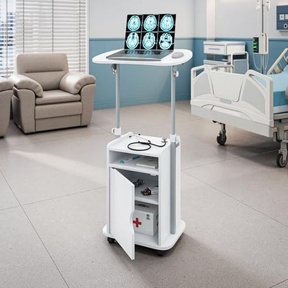 Techni Mobili Adjustable Laptop Cart w/Storage, Rolling Mobile Desk, White | Adjustable laptop cart with storage cabinet, shelf, locking wheels, sit‑stand height for home office, bedside, classroom - color: White