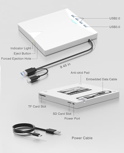 External CD/DVD Drive for Laptop PC,8 IN 1 LED CD Reader for Laptop CD Burner CD ROM DVD-/+RW Writer Reader with TF/SD Card Slots,USB 3.0 DVD Drive External,Compatible with Mac,Windows 11/10/8/7,Linux - color: White