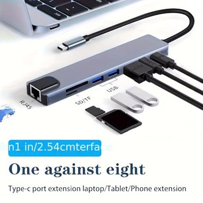 USB-C Hub, 8-in-1 Multiport Adapter with HDTV, USB 3.0, RJ45 Ethernet, SD Card Reader, and USB-C Charging Port