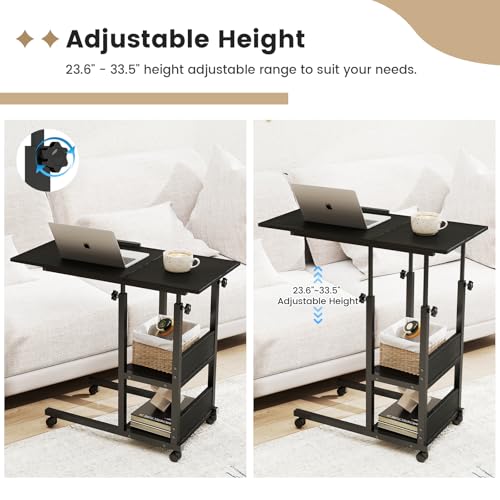 Hadulcet Adjustable C Table with Charging Station, Tiltable Desk C Shaped End Table for Couch, Over Bed Stand with Wheels Adjustable Height, Hospital Table Laptop Stand Drawing Desk, Black - color: Black, style: Upgrade
