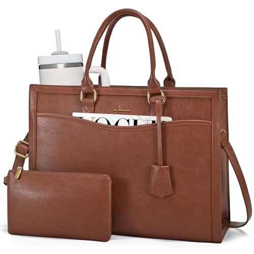 LOVEVOOK Laptop Tote Bag for Women, Large Work Computer Bag with Cup Holder | PU Leather Business Briefcase Teacher Travel College Bag Handbag fit for 15.6 inch Laptop, Office Purses Gifts for Women,2pcs - color: Retro Brown, size: 15.6 Inch