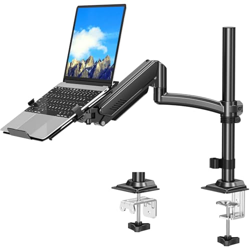 MOUNTUP Laptop Desk Mount, Adjustable Laptop Stand for max 17" Notebook or 32" Monitor, Laptops Arm Mount for Desk Holds 4.4-22lbs, Tall Laptops Stand with Clamp/Grommet - size: Single, style: With Pole
