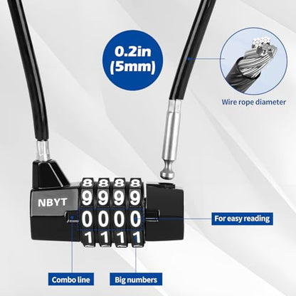 Cable Locks with Combination,Steel Cable Rope Wire 4-Digit Combination Lock with Resettable Code for Bikes, Lockers, File Cabinets, Wardrobes, Small Fences,gate Lock, Pool Padlock. - size: Span5.9",Cable length11*0.2 in