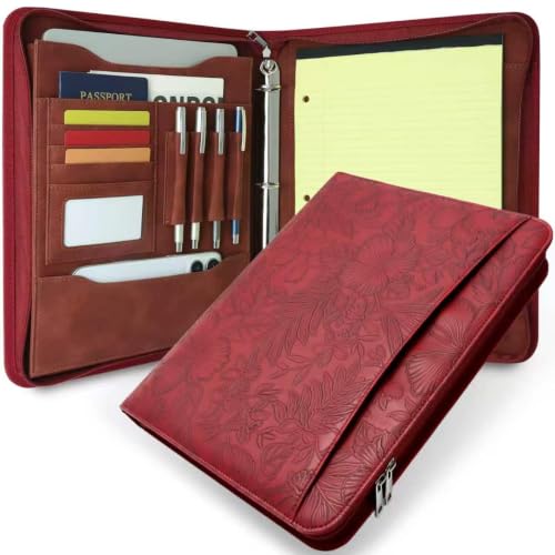 Zippered 3 Ring Portfolio Binder, Padfolio Organizer for Women | Embossed faux leather organizer fits Letter/A4 pads and 13.9 in tablet, with card slots and pen holders for work. - color: Red, size: Zipper Portfolio(13.7"x11"x1.57")