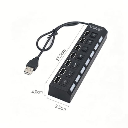 7 Ports Powered USB Hub for Pc Multiple USB Port Splitter with LED Individual On/Off Switches Laptop Charging Strip Desktop USB Extender Hub USB Port Hubs for 7/ Vista/Xp/ 2000 and Mac (Black)