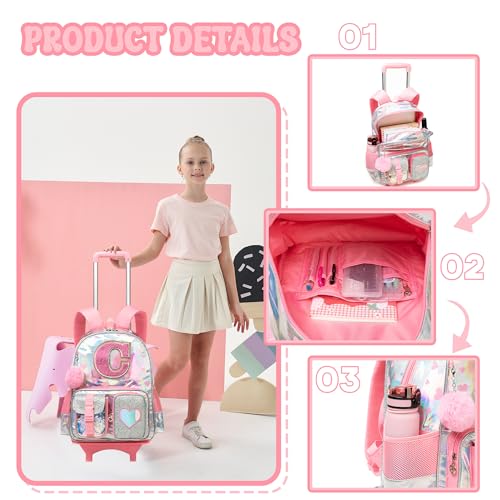 HTgroce Cute Rolling Backpack with Wheel,School Backpack for Kids Girl Roller Schoolbag Wheeled Backpacks Set Carry-on Luggage,Pink L - color: Pink, style: C