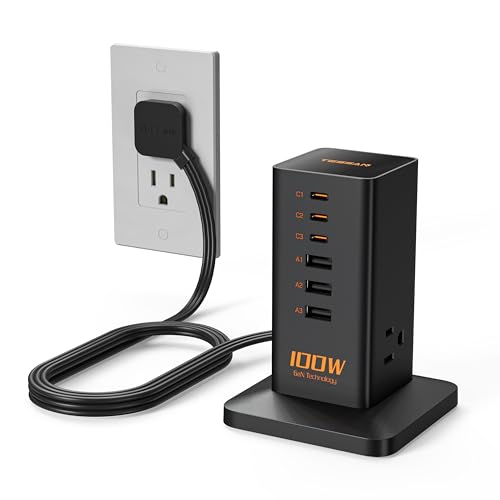 TESSAN 100W USB Charging Station for Multiple Devices 9-in-1 USB Charger | Desktop Accessories with 3 AC Outlet, 3 USB C, 3 USB A for iPhone 17/16/15, MacBook, Tablet, Home Drom Office, Black - color: Black-100W