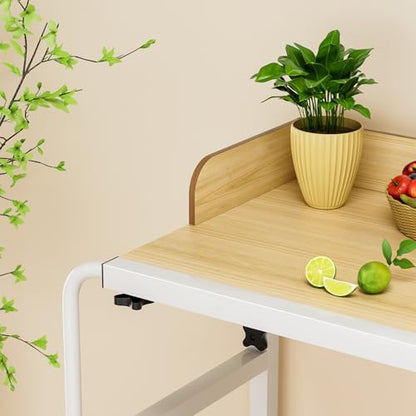 Adjustable Height Overbed Table, Rolling Overbed Bedside Desk with Raised Baffle and Spacious Desktop, Over BedTable with Wheels for Home Office Bedroom Hospital Use (Wooden Color1) - color: Wooden Color1