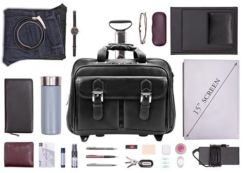 McKlein 15" Leather Checkpoint-Friendly Patented Detachable -Wheeled Laptop Briefcase- CERESOLA- Black