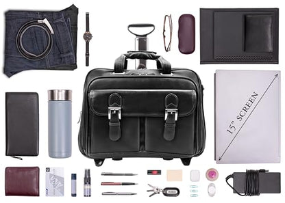 McKlein 15" Leather Checkpoint-Friendly Patented Detachable -Wheeled Laptop Briefcase- CERESOLA- Black