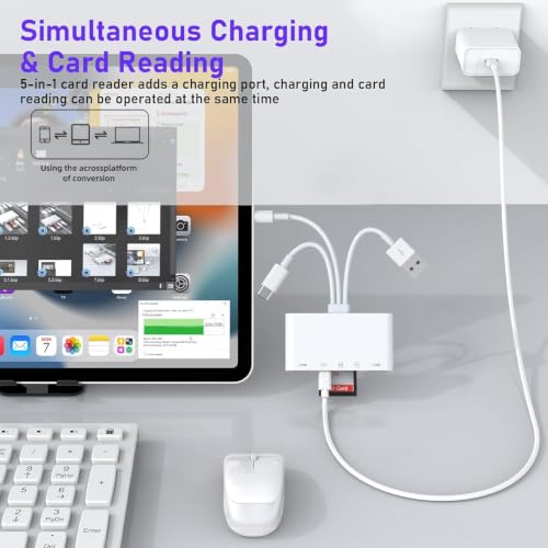 5-in-1 SD Card Reader for iPhone with USB-C, USB-A & OTG Adapter | Lightning, USB-C & USB-A Card Reader with SD/TF Slots, USB Port and Charging for iPhone, iPad, Android, MacBook & PC - color: White