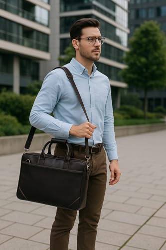 Full Grain Leather Slim Briefcase for Men Laptop Messenger Shoulder Brown Vintage Attache Computer Business Work Lawyer Bag - size: 16 Inch