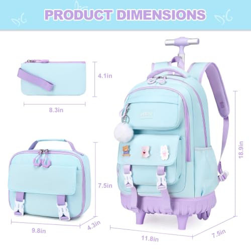 DIGOBAY Rolling Backpack for Girls, Roller Bag with Lunch Box Pencil case | Kawaii Girls Roller Backpack With Wheels School Bookbag With Cute Pins for Elementary Middle School, Aquamarine Purple - color: Aquamarine-purple