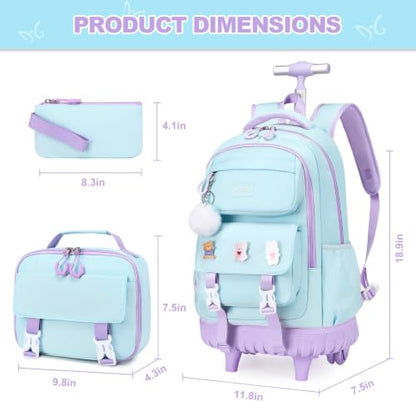 DIGOBAY Rolling Backpack for Girls, Roller Bag with Lunch Box Pencil case | Kawaii Girls Roller Backpack With Wheels School Bookbag With Cute Pins for Elementary Middle School, Aquamarine Purple - color: Aquamarine-purple