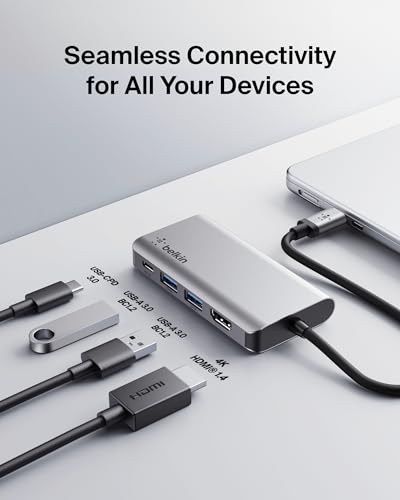 Belkin USB C Hub, 4-in-1 Multi-Port Laptop Dock with 4K HDMI, USB C Docking Station with 100 Watt Pass-Through Power Delivery, 2 X USB A Ports For MacBook Pro, Air, iPad Pro, Chromebook and More - style: 4-in-1 USB-C Hub
